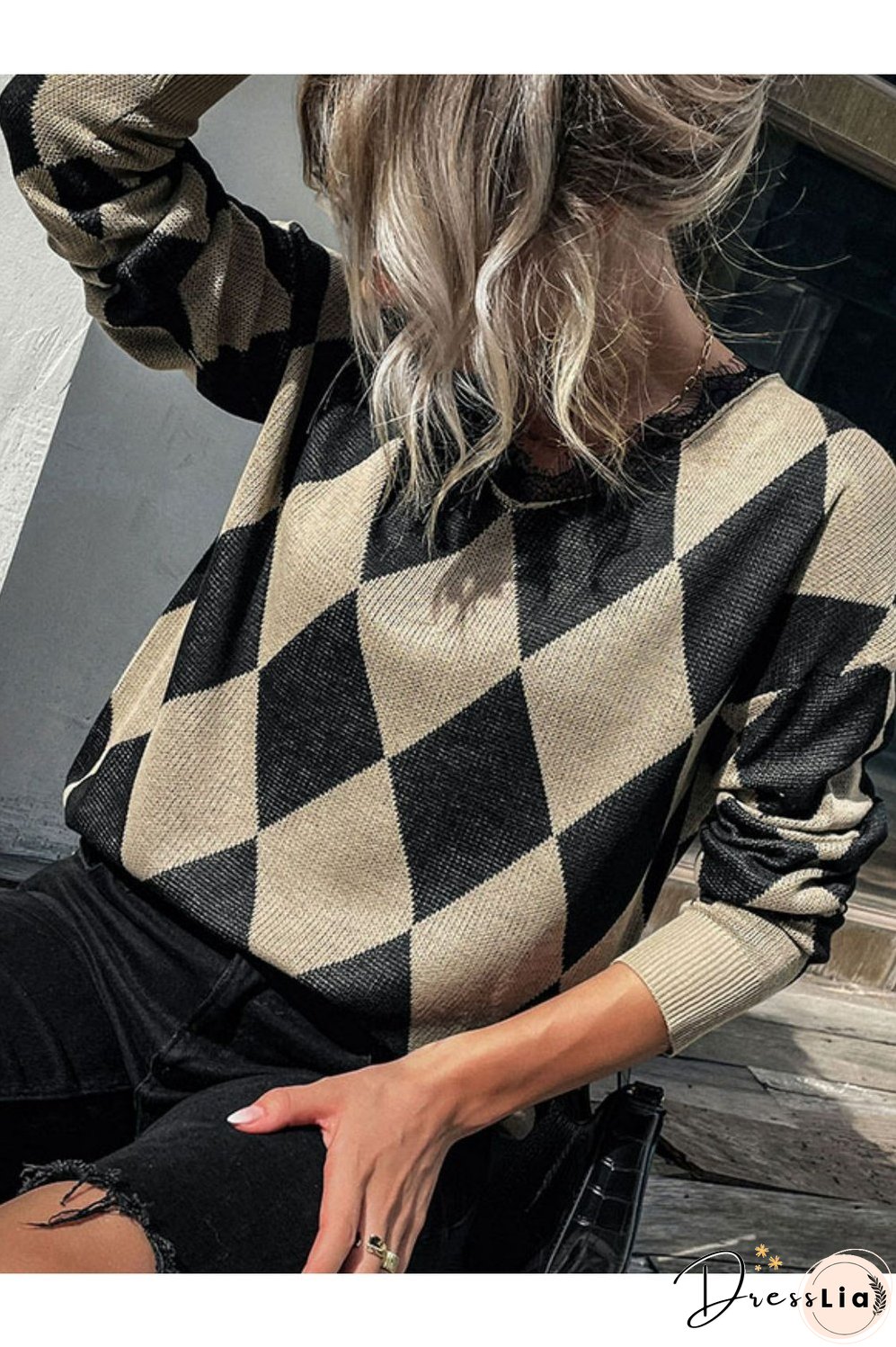 Argyle Eyelash Lace Trim Dropped Shoulder Sweater