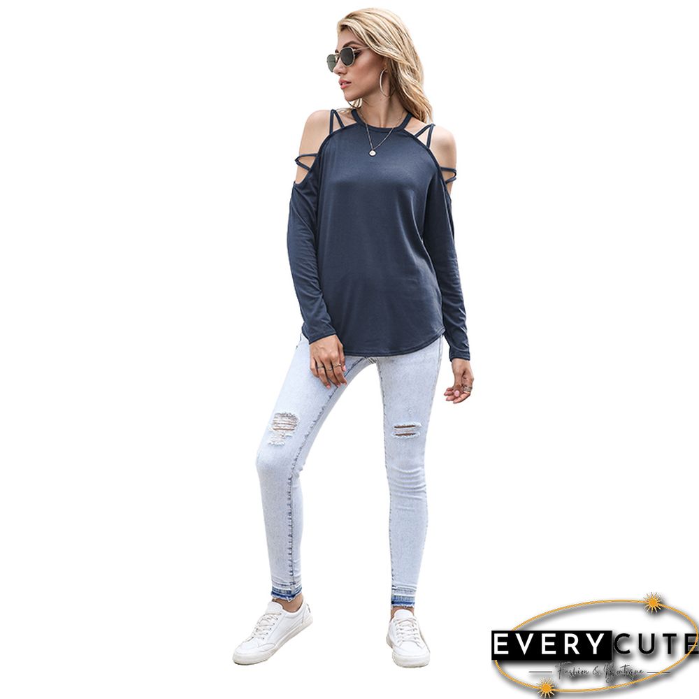 Navy Blue Criss Cross Cold Shoulder Blouse