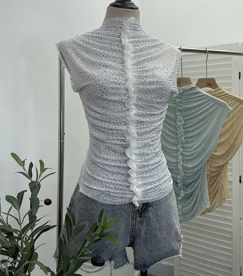 Uveng Drilling Sleeveless Vest Wearing Half-High Neck Net Yarn Slime Folded T-Shirt Blouse Female 2589
