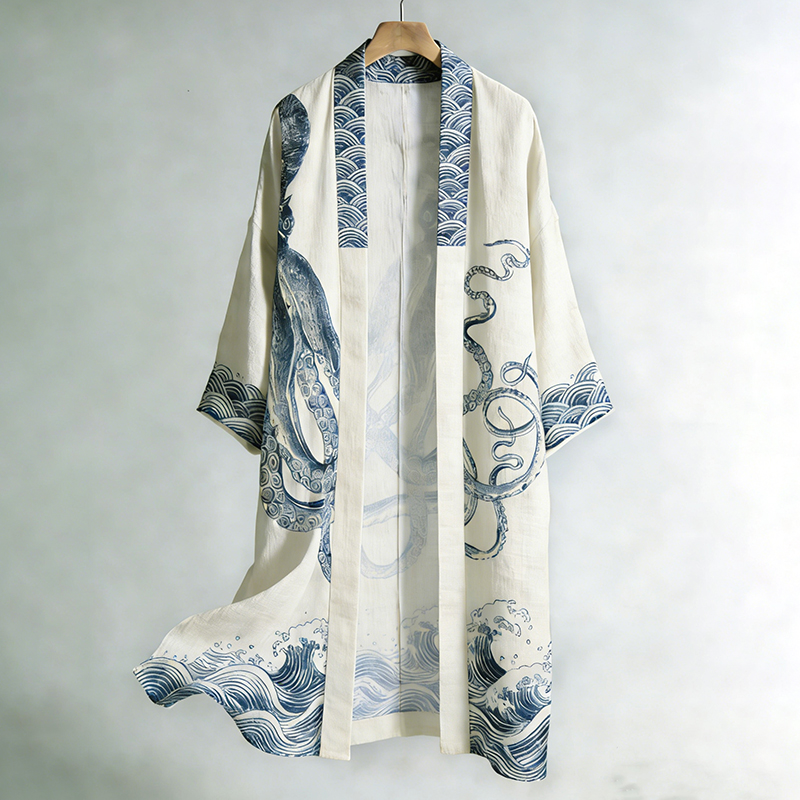 Japanese-style Octopus And Wave Art Pattern Casual Kimono Cardigan  artssus