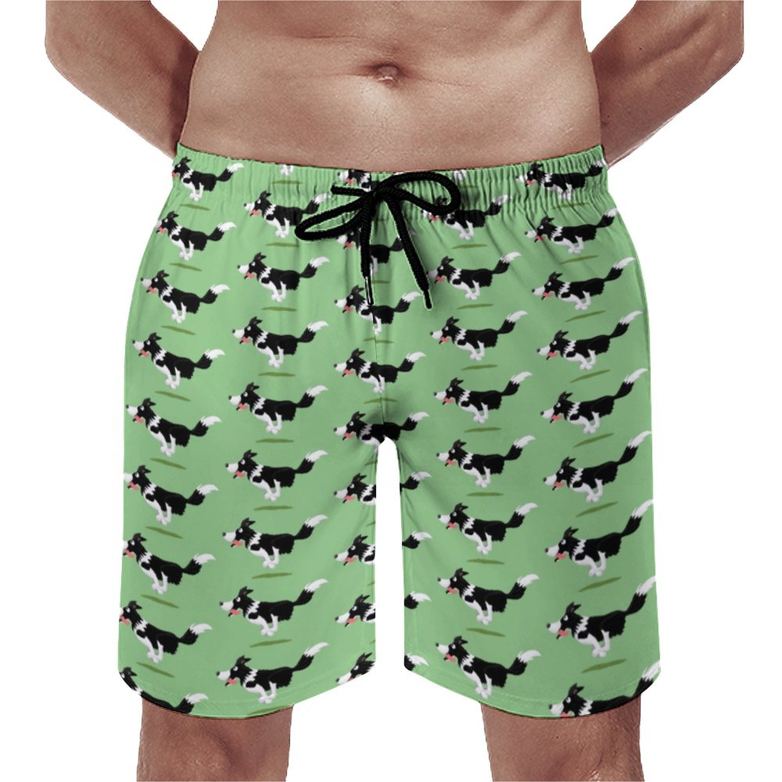 Funny Border Collie Dog Running Cartoon Elegant Men's Swim Trunks Summer Board Shorts Quick Dry Beach Short with Pockets