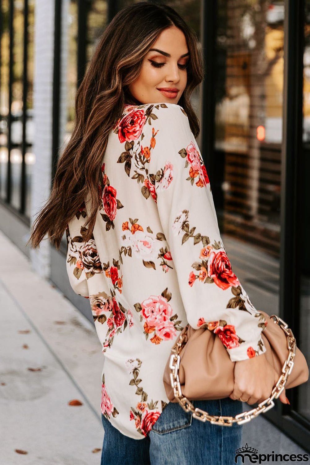 Beige Floral Print V Neck Button Down Blouse