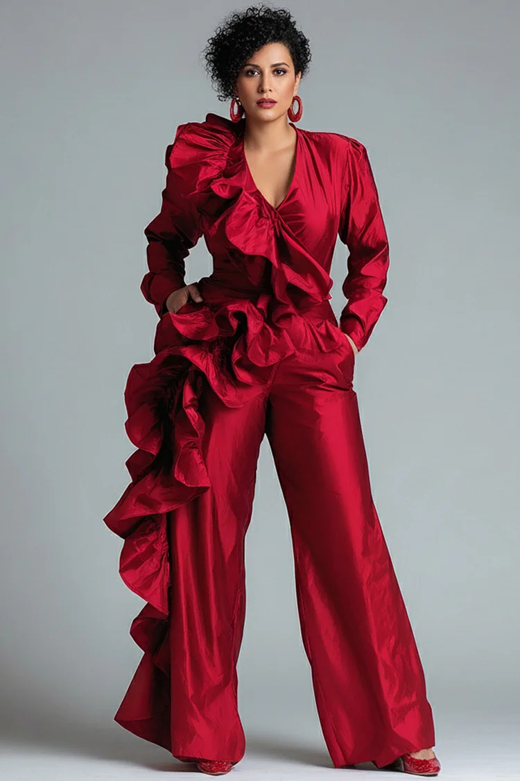 Xpluswear Design Plus Size Formal Red V Neck Long Sleeve Ruffle Elegant Pocket Satin Jumpsuits [Pre-Order]