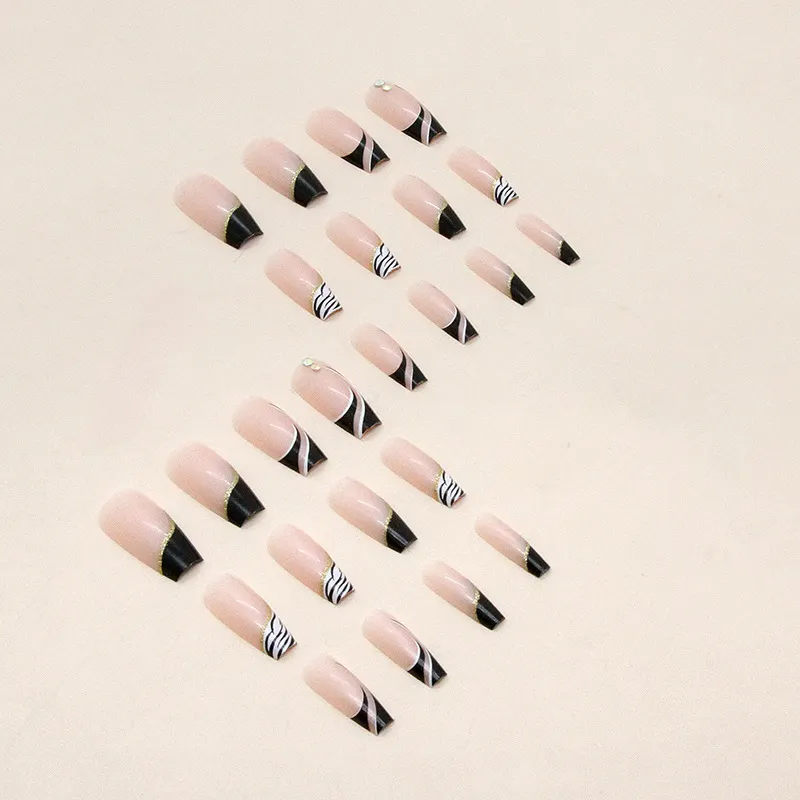Churchf Churchf Long Black And White Mandarin Duck Color Zebra Print Wear Nail Piece Simple Diamond Fake Nail Diamond Beauty Nail Piece
