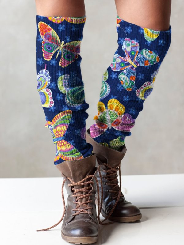 Retro butterfly print knit boot cuffs leg warmers