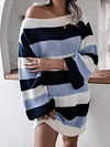 Off-The-Shoulder Contrast Color Striped Loose Long Sleeve Sweater Mini Dress