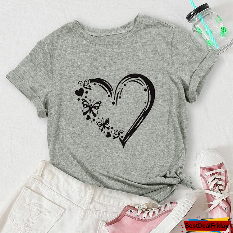 Women Summer T Shirt Cotton Versatile 5XL Casual Short Sleeve Heart Butterfly Print T-shirts Graphic Tee Shirts Tops Clothing