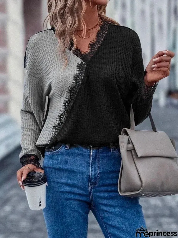 Bohemia Loose Contrast Color Lace-Up V-Neck Sweater Tops