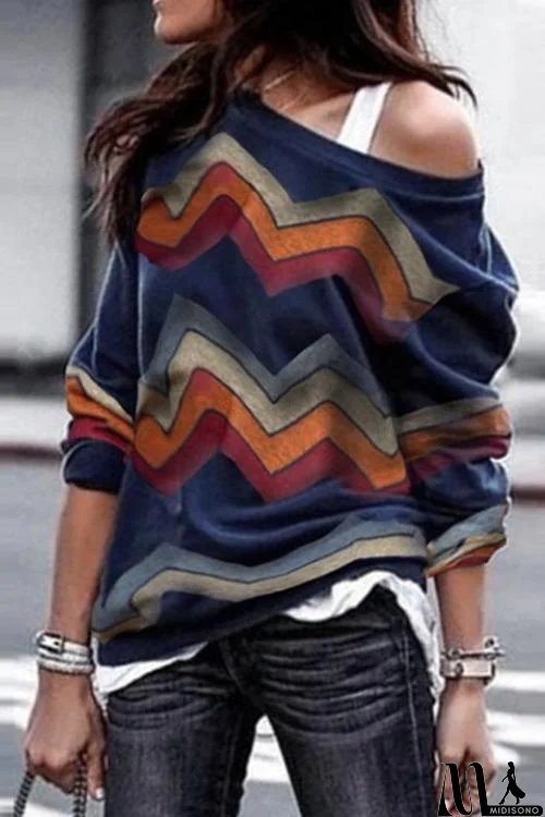 MidiSono - Long Sleeve Round Neck Print Striped Top
