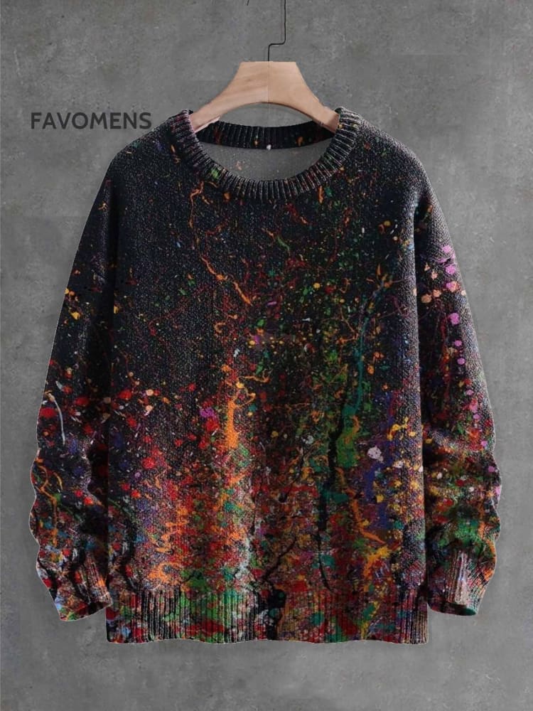 Color Paint Splash Ink Art Print Knit Pullover Sweater Multicolor / S