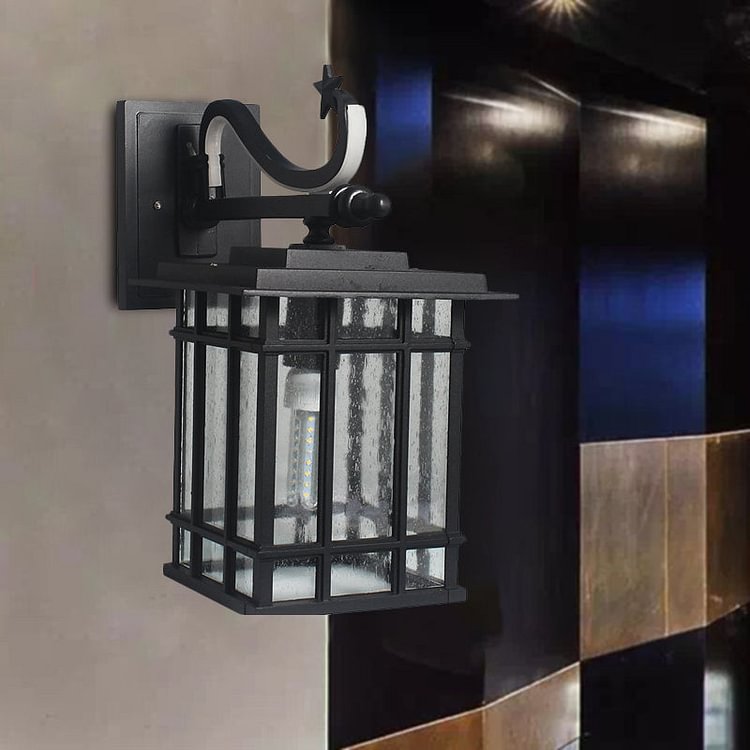 1-Head Wall Lighting Fixture Country Courtyard Sconce Lamp with Cuboid Seeded Glass Shade in Black