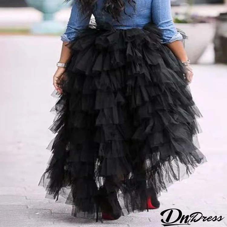 Women Fashion Plus Size Solid Color Fluffy Mesh Skirt