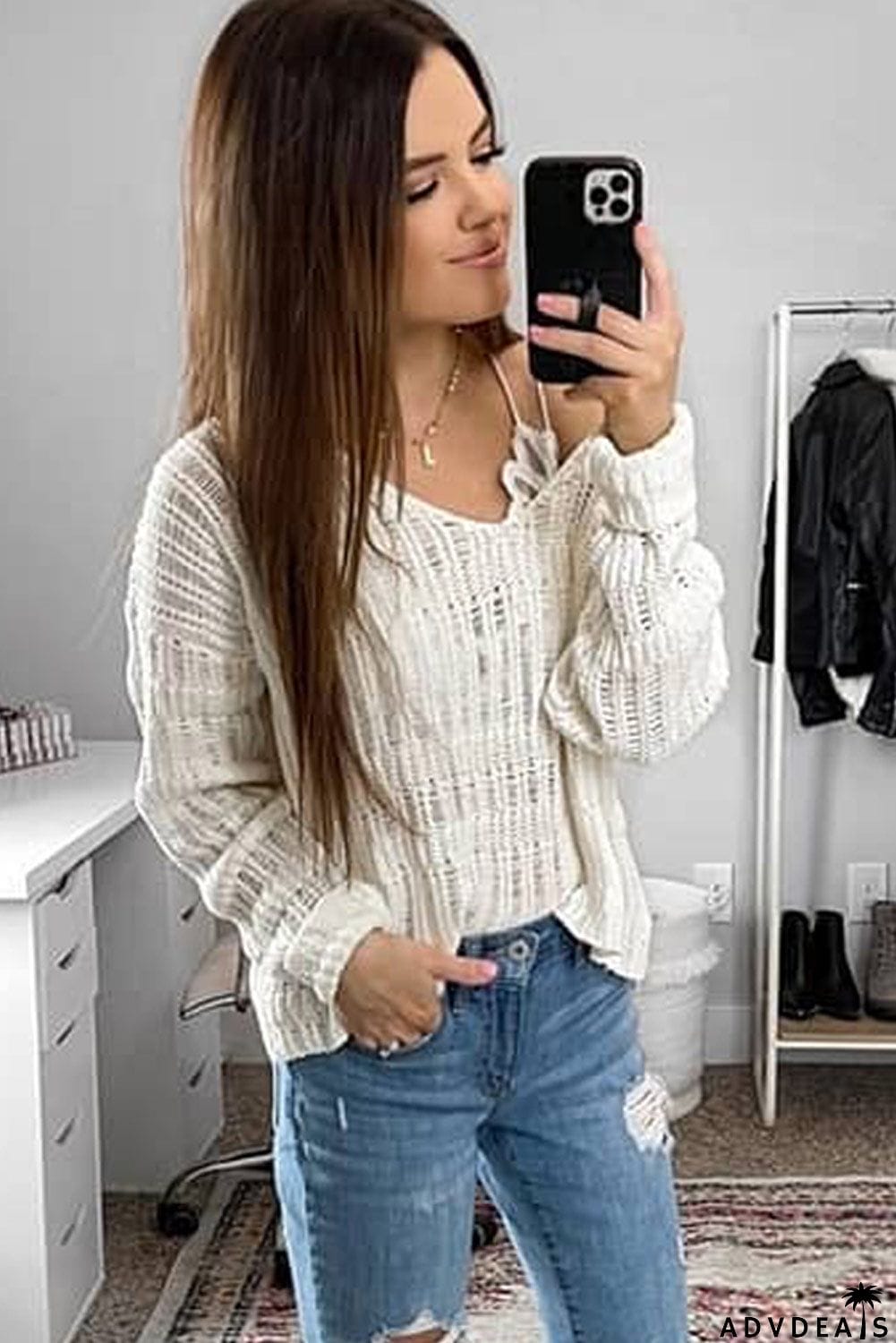 Loose Long Sleeve V Neck Open Knit Sweater