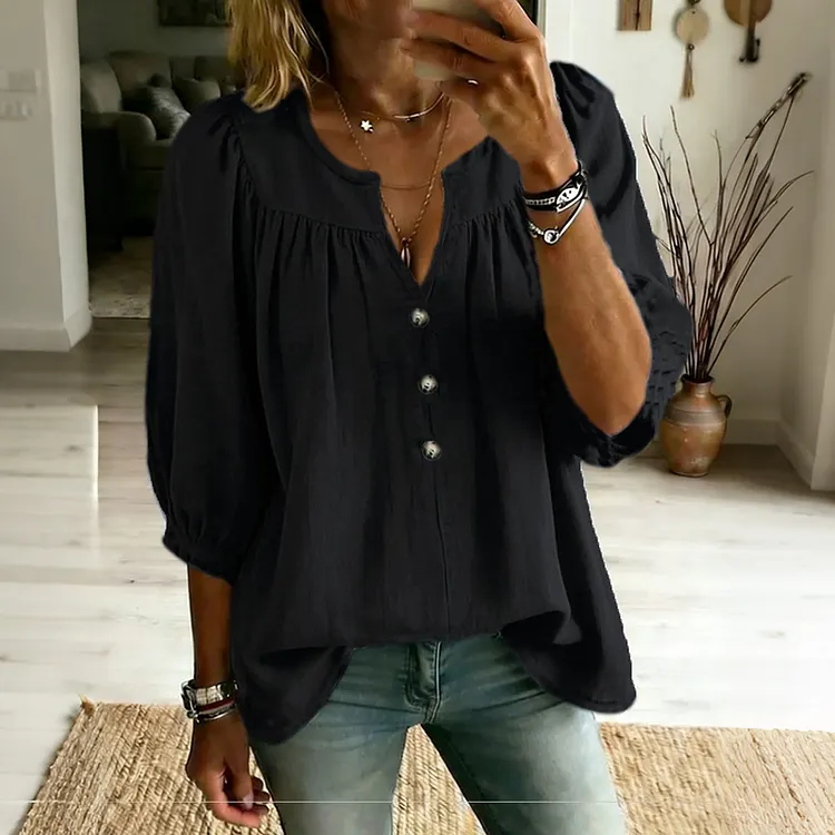Women's Solid Color Three Quarter Sleeve Linen Blend Button Design Blouses