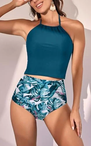 Two Piece Tummy Control Halter Tankini Swimsuit 