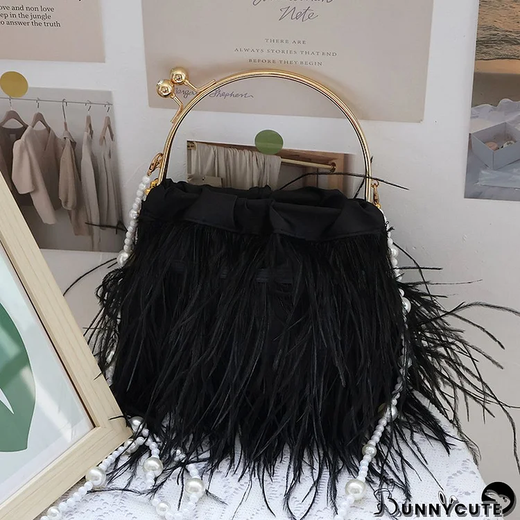 Black Casual Daily Party Solid Patchwork Feathers Bags