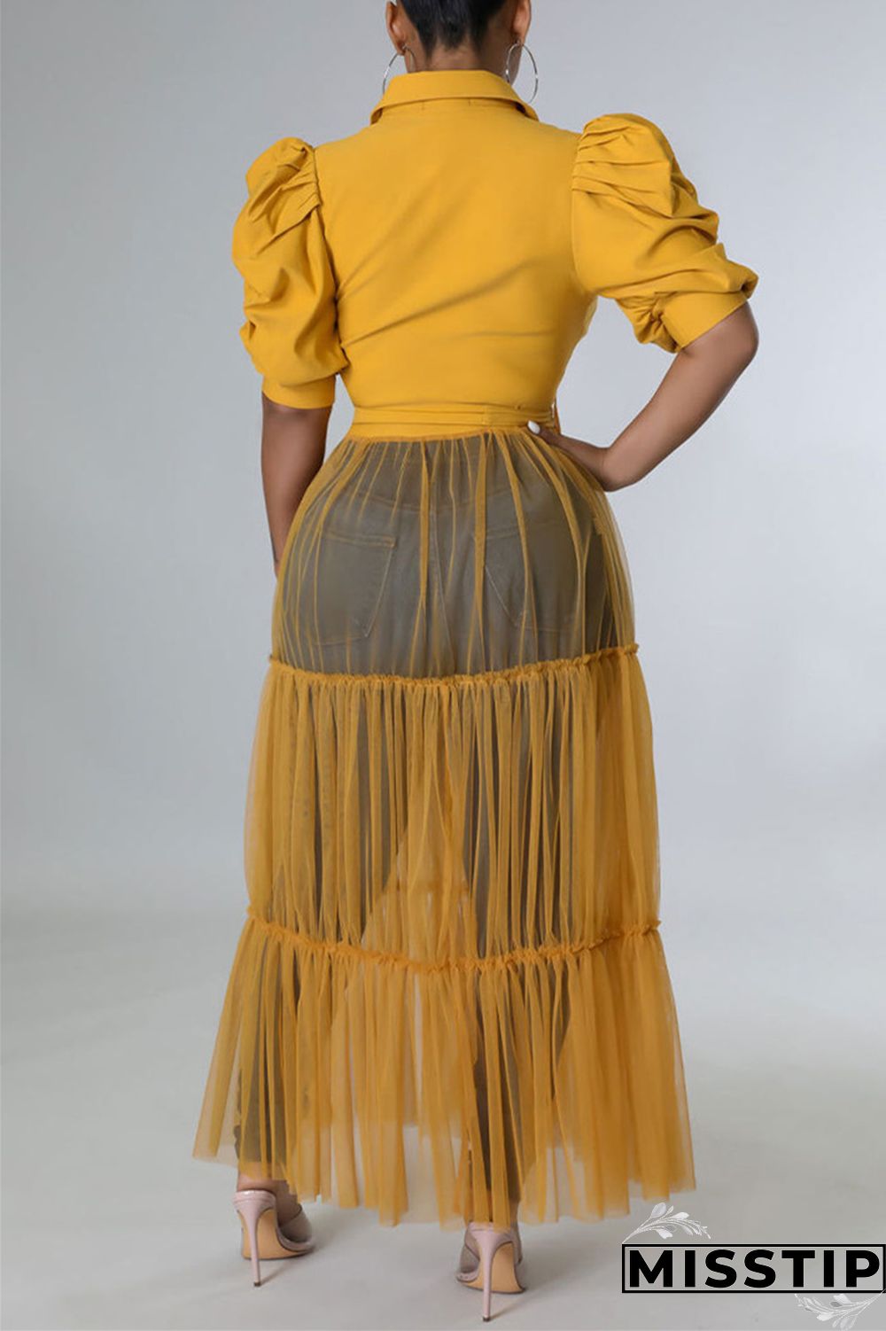 Yellow Fashion Casual Solid Patchwork Mesh Turndown Collar Shirt Dress