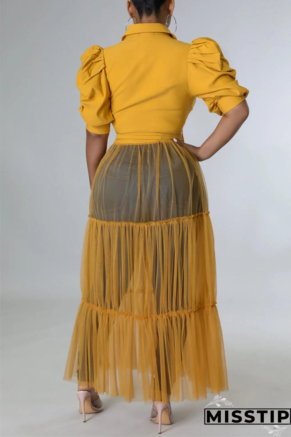 Yellow Fashion Casual Solid Patchwork Mesh Turndown Collar Shirt Dress