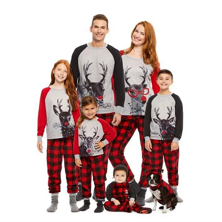 Family Matching Plaid Deer Print Christmas Pajamas Set