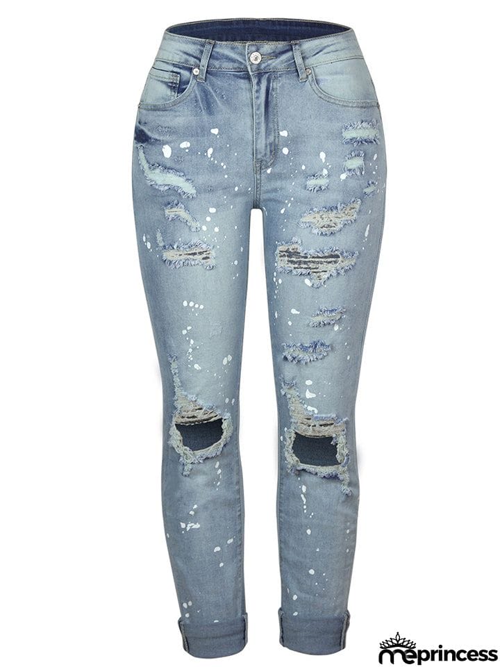 Women's Stretch Wash Effect Ripped Straight-Leg Street Style Jeans