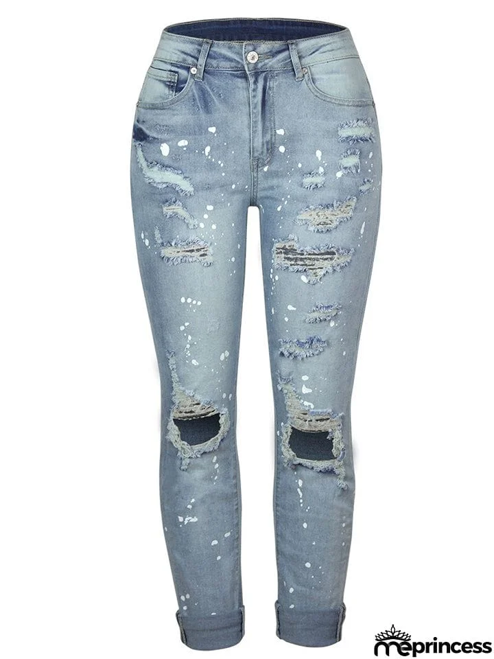 Women's Stretch Wash Effect Ripped Straight-Leg Street Style Jeans