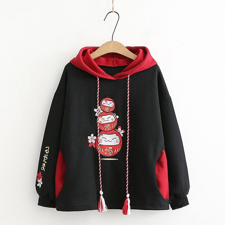 Lucky Cat Sakura Embroidery Tassels Drawstring Hoodie - Modakawa Modakawa
