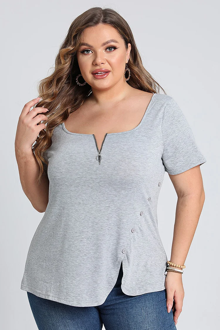 Plus Size Square Neck Solid Zipper Decorative Button Short Sleeve Casual Blouses  Flycurvy [product_label]