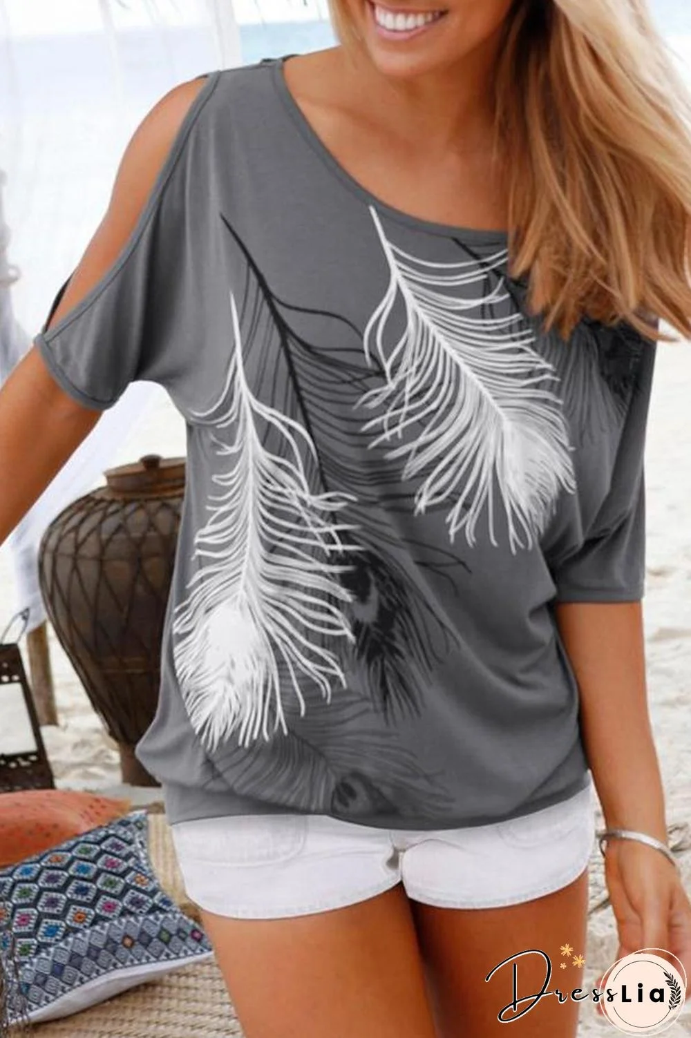 Off the Shoulder Half Sleeve Feather Printed Casual Top