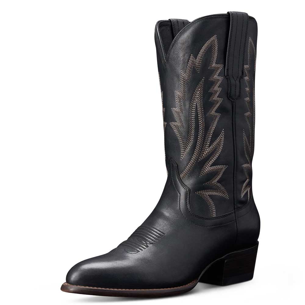 Black Almond Toe Chunky Heel Embroidered Mid-Calf Cowgirl Boots