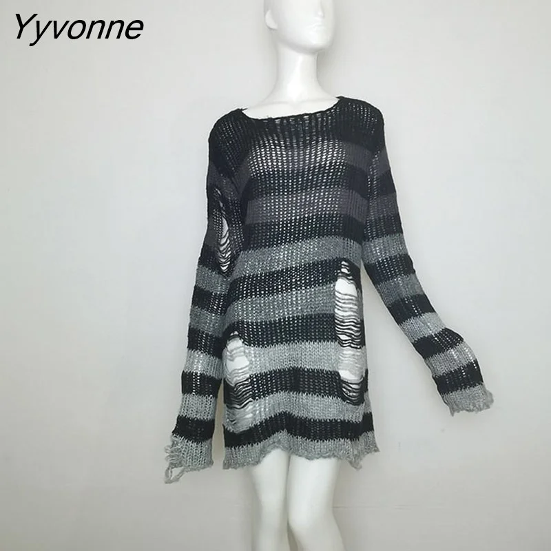 Yyvonne Size Punk Gothic Long Unisex Sweater Dress Cool Hollow Out Hole Broken Jumper Loose Rock Thin Sweter 2023 Women Man Striped 305-0