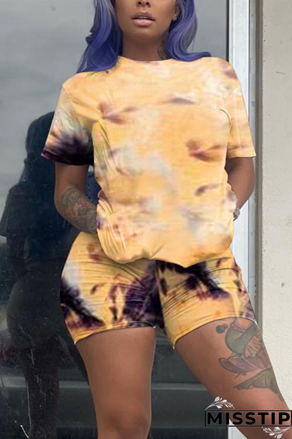 Pink Fashion Casual Tie-dye Printed Two-piece Set