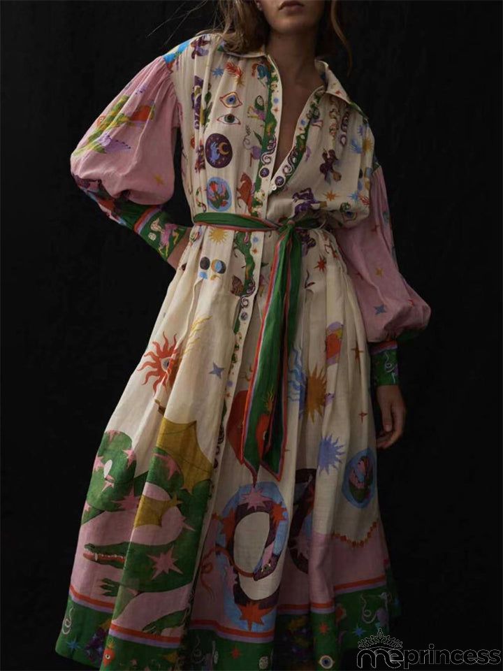 Bohemian Casual Lapel Button Lantern Sleeve Printed Ladies Dress