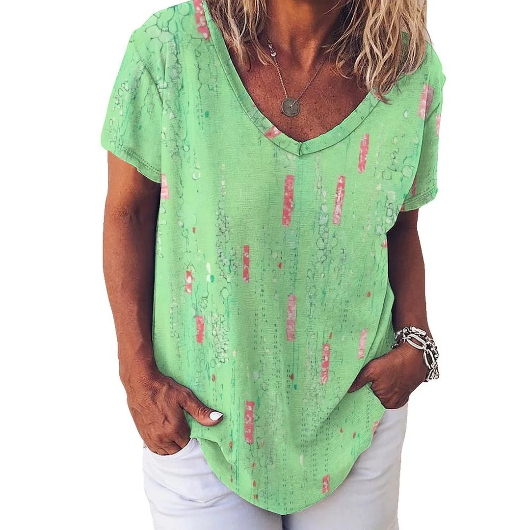 V-neck Short Sleeve Casual T-shirt for  Women Printed with Pattern Green, Glitter, Red