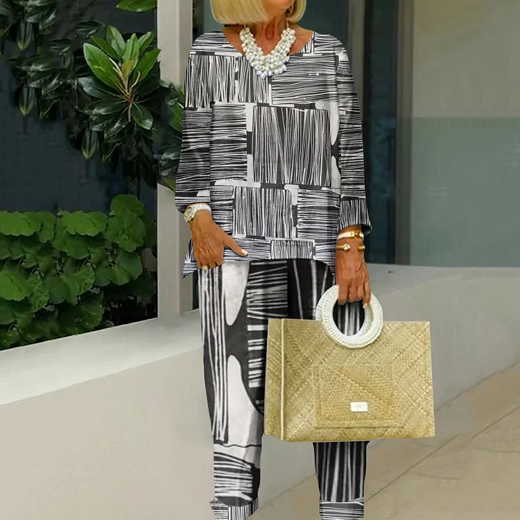 Irregular Print Long Sleeve Two Piece Set