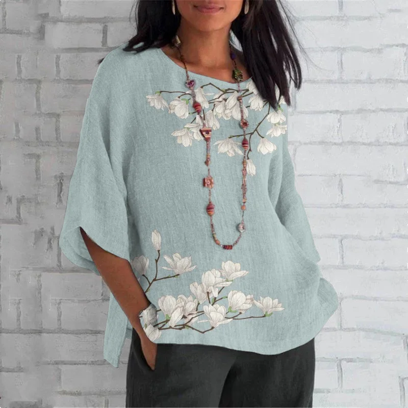 Vintage Magnolia Flower Round Neck Casual Blouse