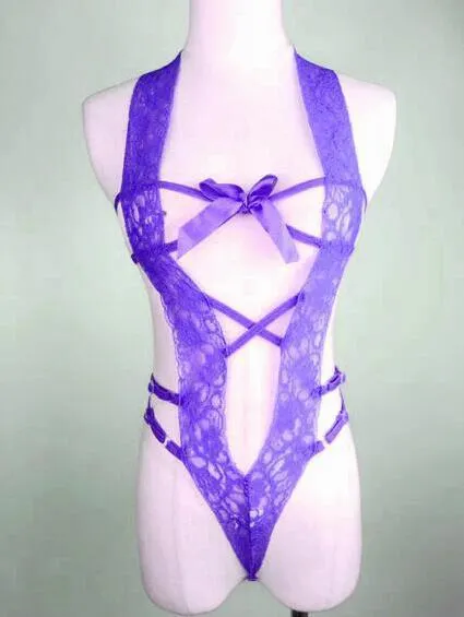 Churchf New Sexy Hollow Open Back Perspective Strap Bow Lace Lace Lingerie Suit