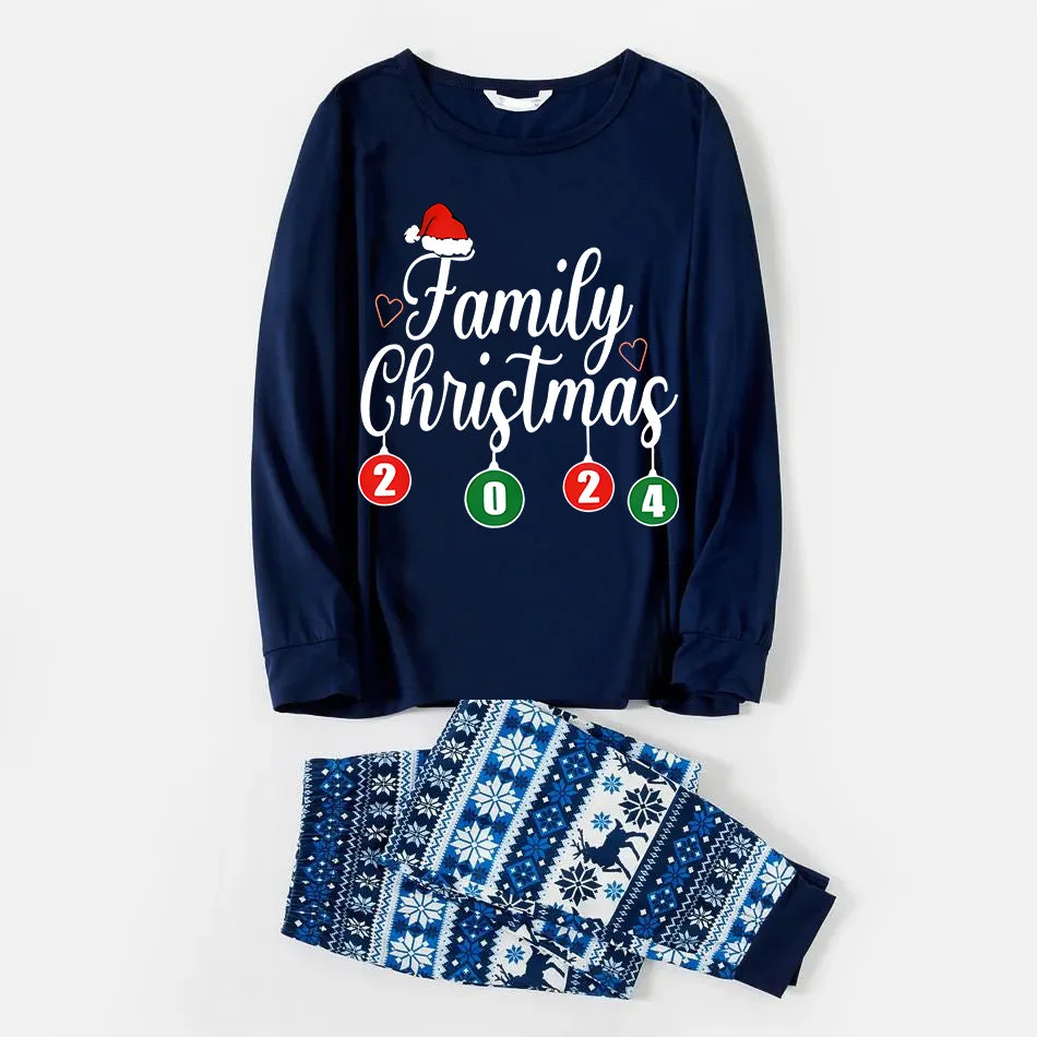 "Family Christmas" 2024 Letter Print Blue Family Matching Pajamas With Dog bandana
