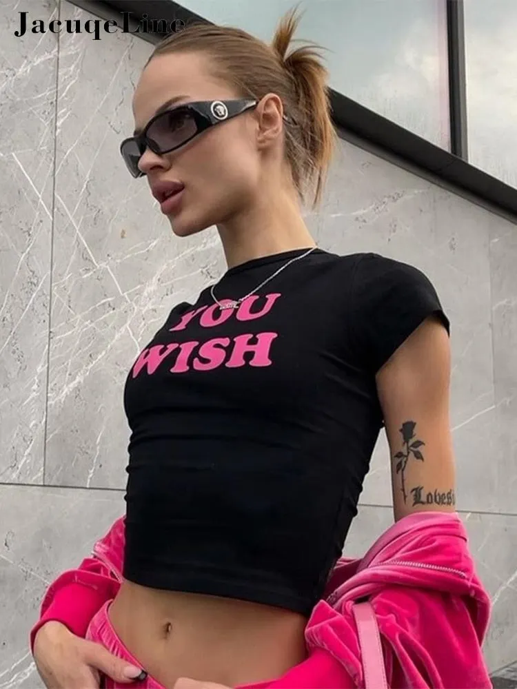 Jacqueline 2022 Summer Letter Graphic T Shirts Women Kawaii Crop Tops Fashion Fairy Cute O Neck Short Sleeve Baby Y2K Clothes