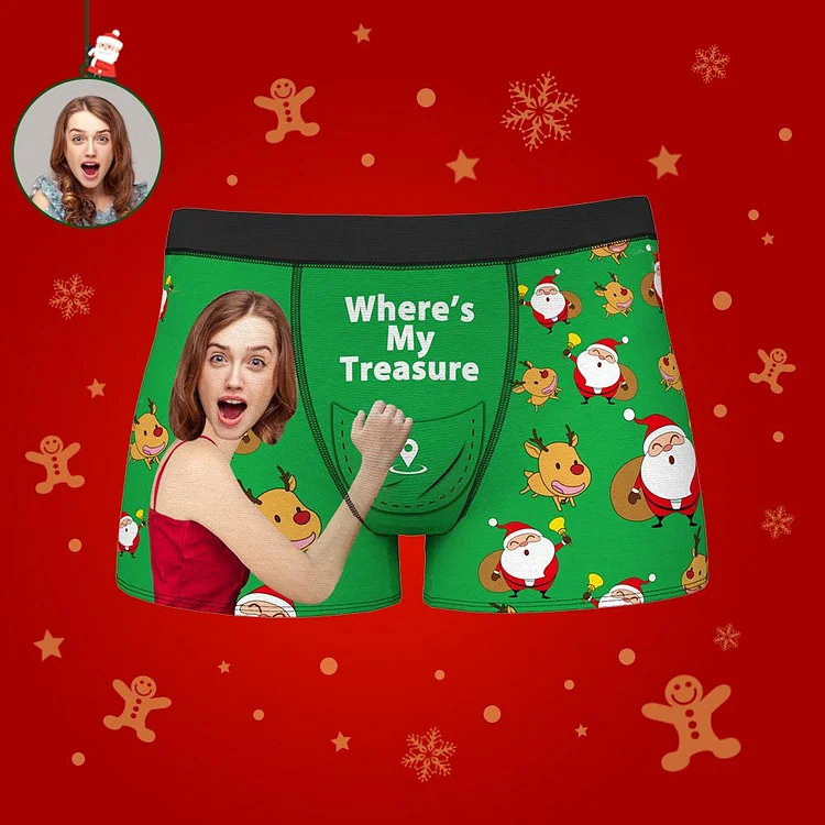 Custom Face Boxer Where's Treasure Christmas Men's Santa Claus Briefs Boxer