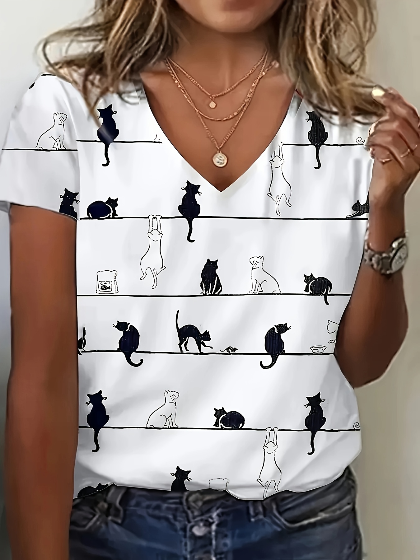 Womens Casual Cat Print V-Neck T-Shirt High Elasticity Short Sleeve Top With Asymmetrical | IFYHOME