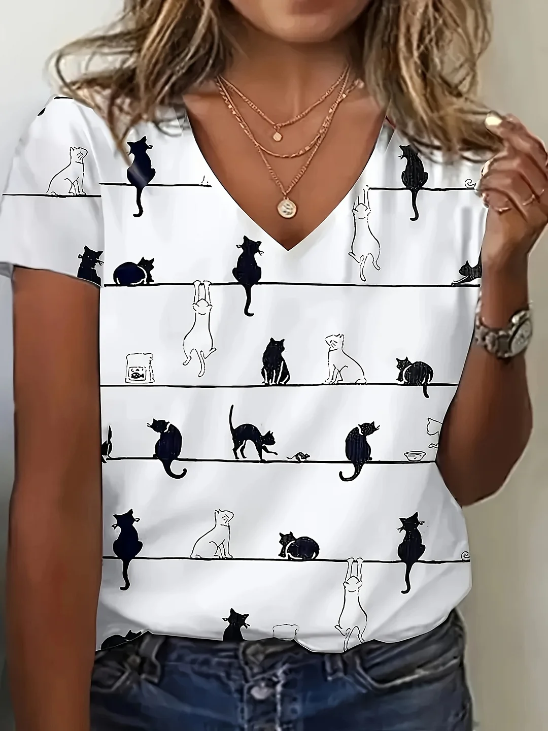 Women's Casual Cat Print V-Neck T-Shirt - High Elasticity Short Sleeve Top With Asymmetrical Design, Machine Washable & All-Season Comfort, Symmetrical Fashion, Versatile Clothing, Breathable Material, Printed Tee, Adult | IFYHOME