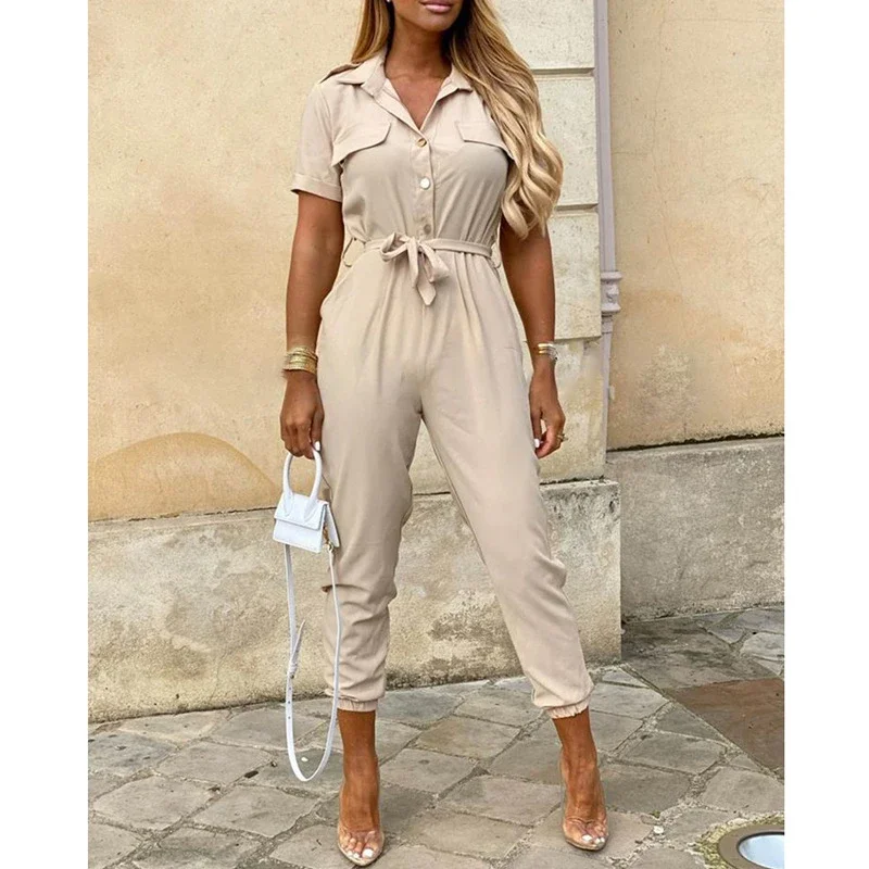 Women's Casual Lapel Printed Belt Tooling Jumpsuit Casual Suit