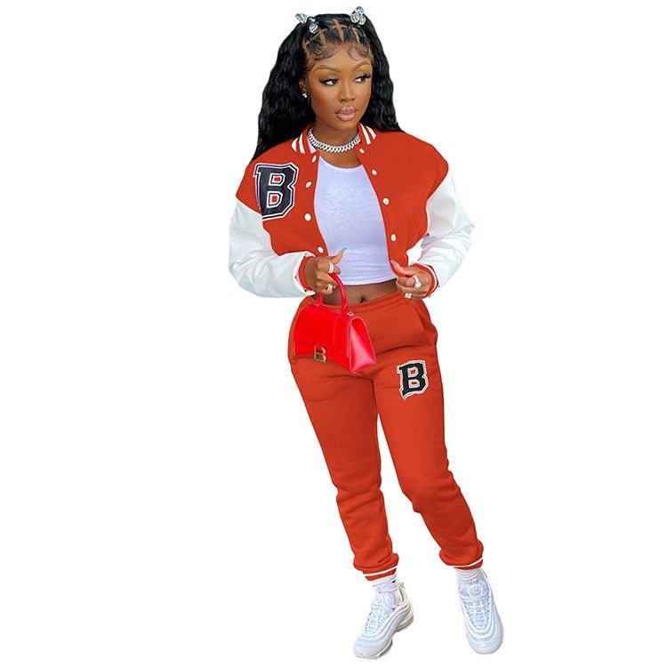 CM.YAYA Letter B Baseball Women's Tracksuit Single Breasted Jacket and Sweatpants Matching Two 2 Piece Set Outfits Sweatsuit
