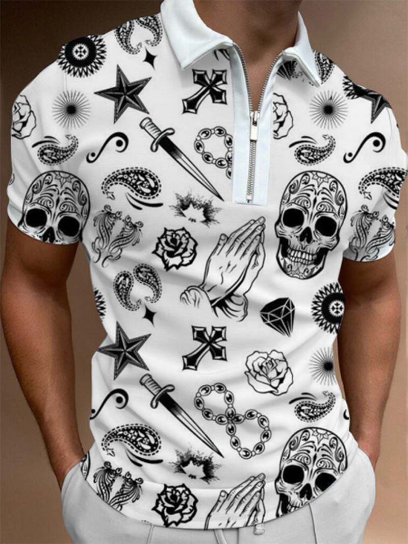 Skull fashion print retro lapel zipper short sleeve men's polo shirt