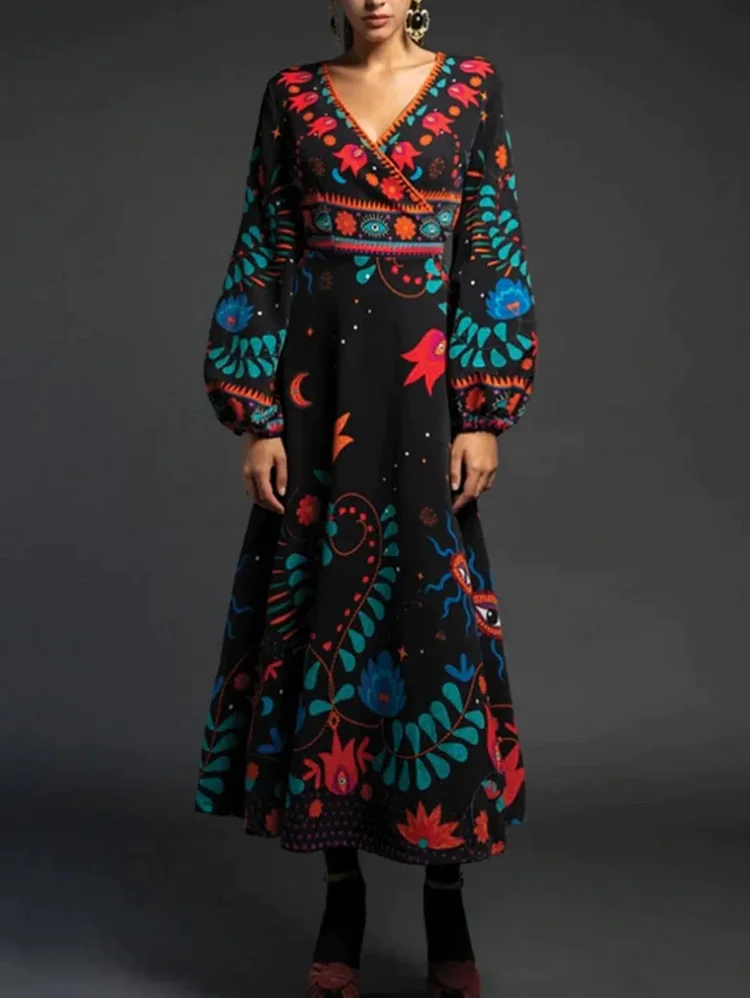 Slant Neck High Waist Belt Ethnic Midi Dress