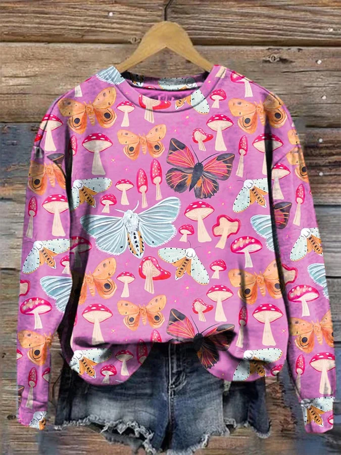 Women's Animal Mushroom Print Long Sleeve Crewneck Sweatshirt