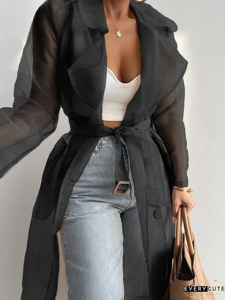 Cardigans Solid Lapel Mesh Lantern Long Sleeve Cardigan for Women