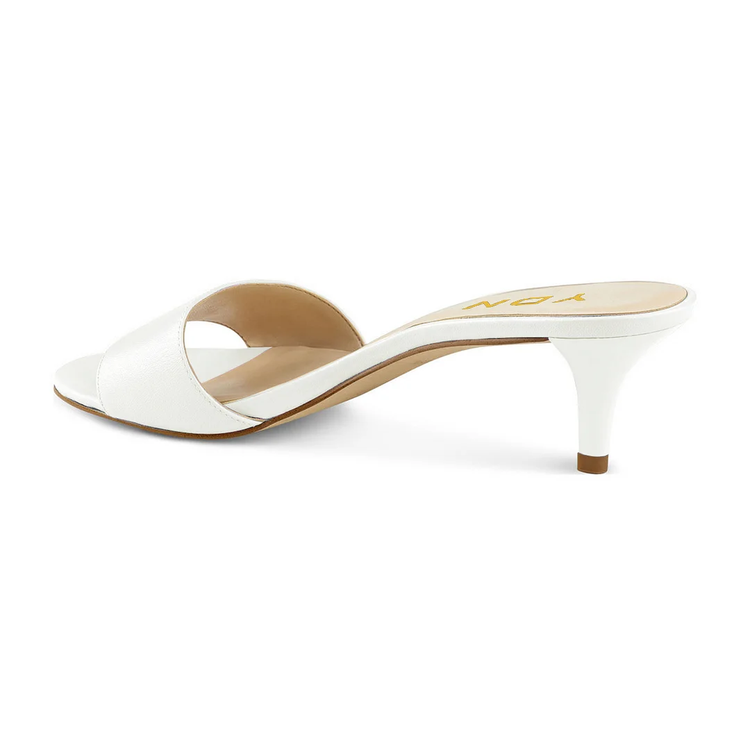 Vegan Leather Round Toe Wide-Band Kitten Heel Slip-On Mules in Ivory 