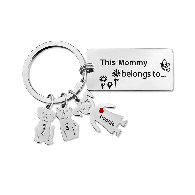 Personalized Family Keychain Custom 3 Names for Kid and Pet Charms