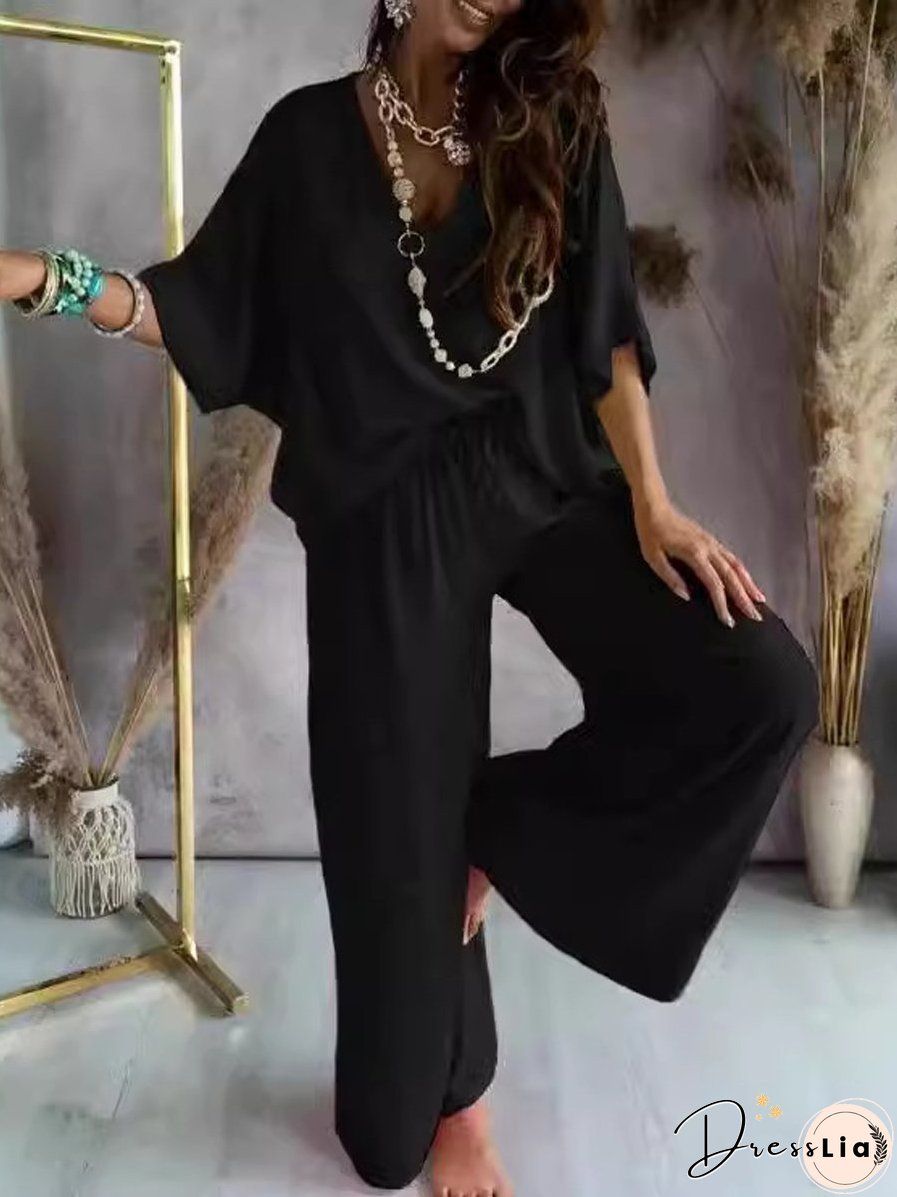 V-Neck Bat Sleeve T-Shirt Wide-Leg Pants Set